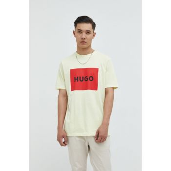 HUGO tricou din bumbac culoarea bej, cu imprimeu