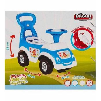 Masinuta pentru copii fara pedale Pilsan Shape Sorter Car Blue, spatar cu functie de impingere, spatiu de depozitare sub sezut, greutate maxima admisa 20 kg
