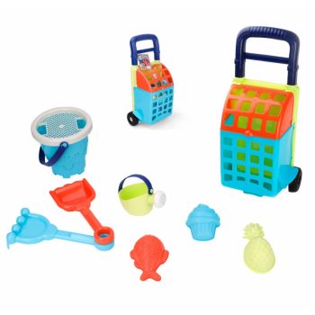 Set 9 piese pentru copii, joaca cu nisip cu Carucior,galetusa,stropitoare,lopatica,grebla si 3 forme Woopie