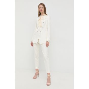 BOSS pantaloni femei, culoarea alb, fason tigareta, high waist