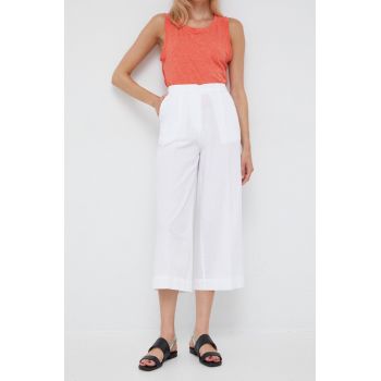 Sisley pantaloni de bumbac femei, culoarea alb, lat, high waist