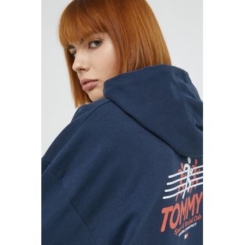 Tommy Jeans hanorac de bumbac femei, culoarea albastru marin, cu imprimeu de firma original