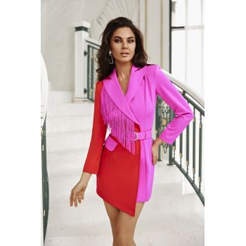Rochie Tip Sacou cu Curea si Franjuri pe o Parte, Intense Fuchsia si Rosu
