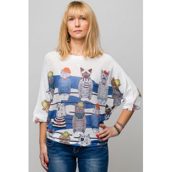 Bluza cu maneca fluture si imprimeu pisici cu tricouri dungate