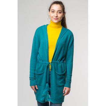 Cardigan turcoaz midi tricotat, cu gluga si buzunare ieftin