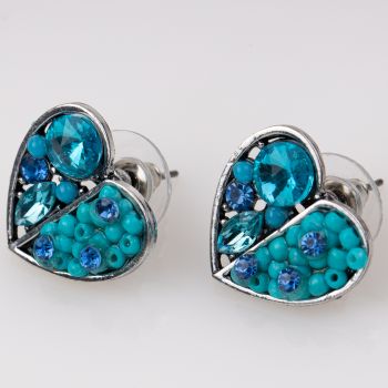 Cercei metalici sub forma a doua inimi, pietre turquoise