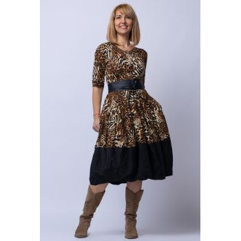Rochie lalea cu imprimeu animal print si banda de tafta neagra