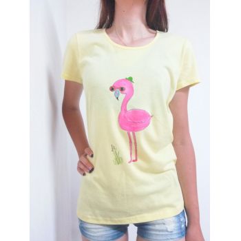 Tricou galben pal pictat manual cu flamingo