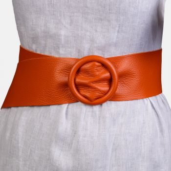 Curea portocalie din piele naturala cu latime de 7 cm, catarama rotunda imbracata in piele de firma originala