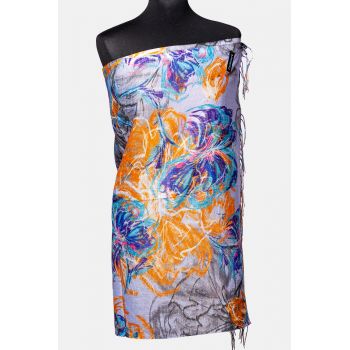 Esarfa cashmere cu fir din lurex, flori stilizate pe fond lila