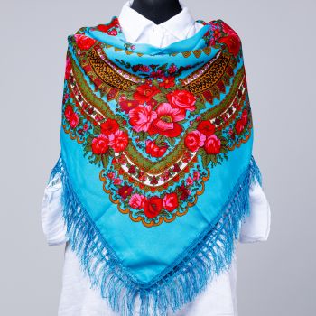 Esarfa gipsy patrata mare, tip Pavlovo Posad cu imprimeu floral traditional pe fond albastru ieftina