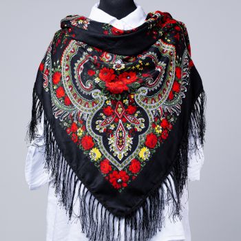 Esarfa gipsy patrata mare, tip Pavlovo Posad cu imprimeu floral traditional pe fond negru ieftina