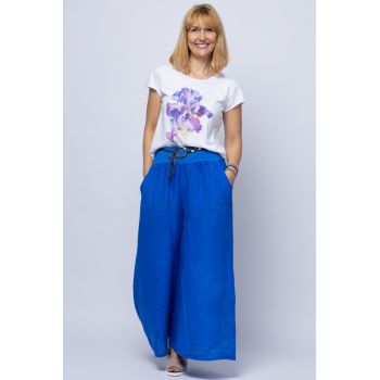 Fusta pantalon albastru electric casual, din in, cu o curea fancy