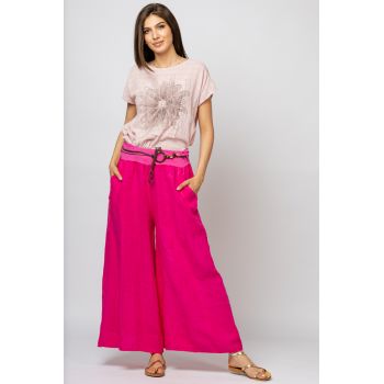 Fusta pantalon fucsia casual, din in, cu o curea fancy