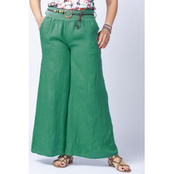 Fusta pantalon verde, casual, din in, cu o curea fancy