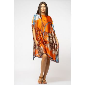 Rochie de plaja tip poncho din matase cu imprimeu abstract pe fond portocaliu