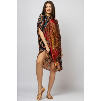 Rochie de plaja tip poncho din matase cu Pomul Vietii pe fond rosu