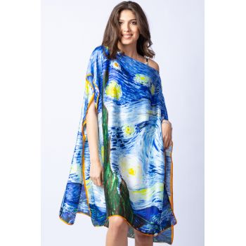 Rochie de plaja tip poncho din matase cu stilizare   Noaptea Instelata   pe fond albastru