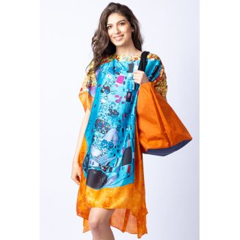 Rochie de plaja tip poncho din matase cu stilizare   Sarutul   turcoaz pe fond portocaliu