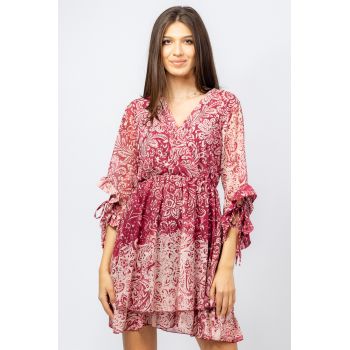 Rochie scurta din voal cu imprimeu floral pe fond bordo ieftina