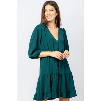 Rochie scurta din voal cu maneci 3 4 si volanase, verde Gucci