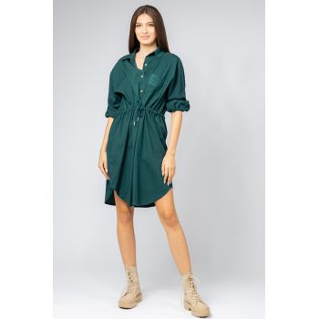 Rochie midi tip camasa, din poplin de bumbac, cu siret in talie, verde