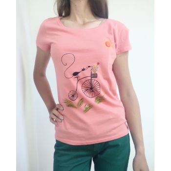 Tricou roz pictat manual cu pisicuta ieftin