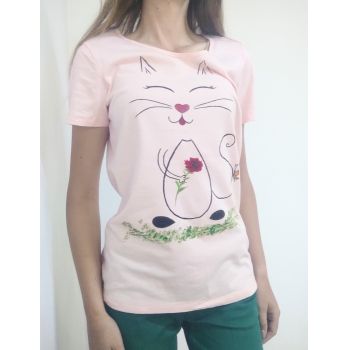 Tricou roz pictat manual cu pisicuta ieftin