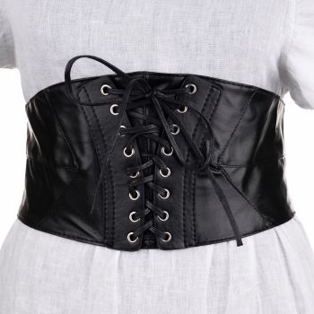 Centura corset lata din piele ecologica cu siret si capse argintii, elastic la spate