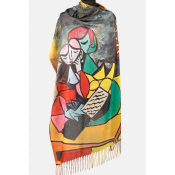 Esarfa cashmere cu doua fete imprimata cu reproducerea Two girls reading a lui Picasso Esarfa cashmere cu doua fete imprimata cu reproducerea Two girls reading a lui Picasso