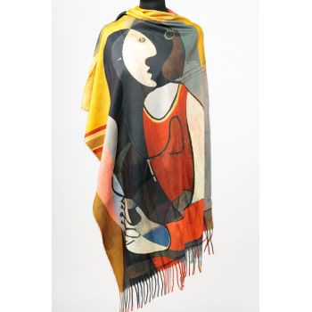 Esarfa cashmere cu fir de lurex, doua fete imprimata cu reproducere dupa    Woman dressing her hair   a lui Picasso