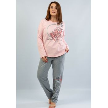 Pijama groasa din bumbac doua piese cu imprimeu floral