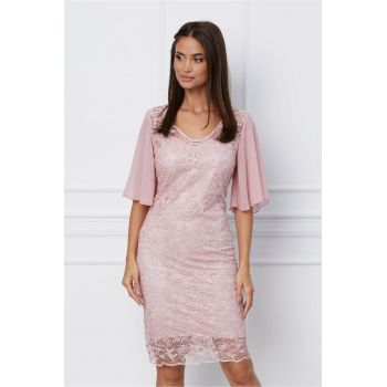 Rochie Ella Collection Lora roz cu broderie si paiete discrete ieftina