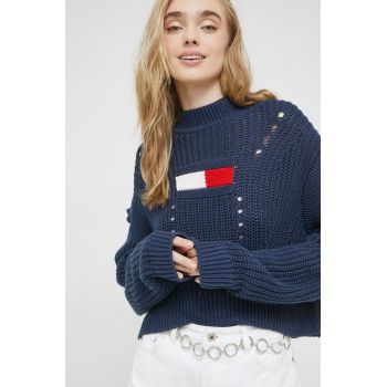 Tommy Jeans pulover de bumbac femei, culoarea albastru marin,