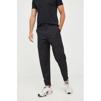 Armani Exchange pantaloni din lana barbati, culoarea negru, cu fason cargo