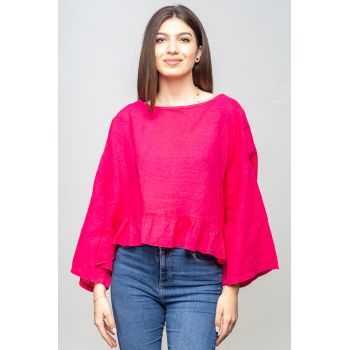 Bluza din in cu volanas, oversize, fucsia