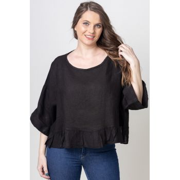 Bluza din in cu volanas, oversize, neagra