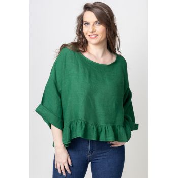 Bluza din in cu volanas, oversize, verde