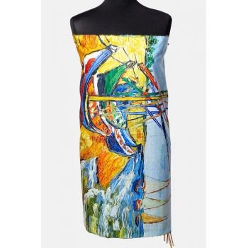 Esarfa vascoza cu fir din lurex imprimata cu reproducerea  dupa   Barci pe plaja   de Van Gogh