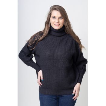 Pulover negru, oversize, pe gat