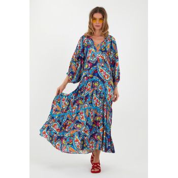 Rochie ampla cu volane multicolora predominant albastra, din vascoza