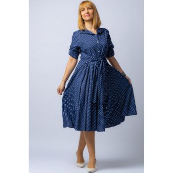 Rochie camasa bleumarin cu bulinute, din tesatura fina de bumbac