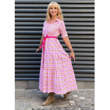 Rochie camasa, cu imprimeu geometric predominant roz , din bumbac