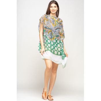Rochie de plaja tip poncho cu motive florale si buline alb cu verde, vascoza ieftina