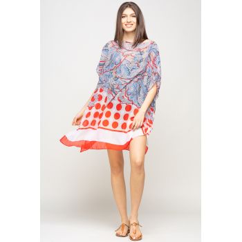 Rochie de plaja tip poncho cu motive florale si buline rosii, vascoza ieftina