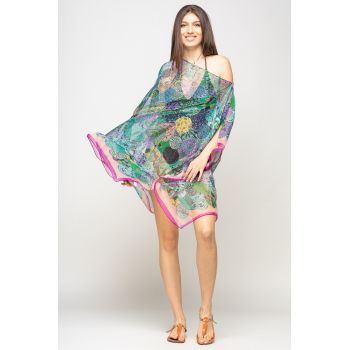 Rochie de plaja tip poncho de plaja cu mandale multicolore si margine mov cu roz, matase si vascoza