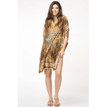 Rochie de plaja tip poncho din matase cu motive orientale pe fond bej