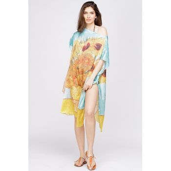 Rochie de plaja tip poncho din matase cu reproducere dupa Floarea Soarelui de Van Gogh