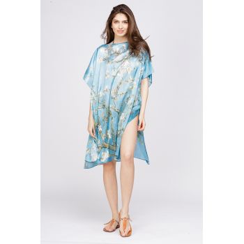 Rochie de plaja tip poncho din matase cu reproducere dupa    Migdal Inflorind   de Van Gogh