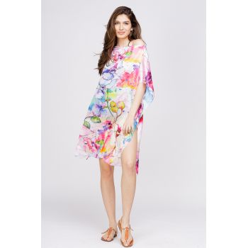 Rochie de plaja tip poncho din matase cu reproducere dupa o pictura celebra cu flori pastelate de firma originale